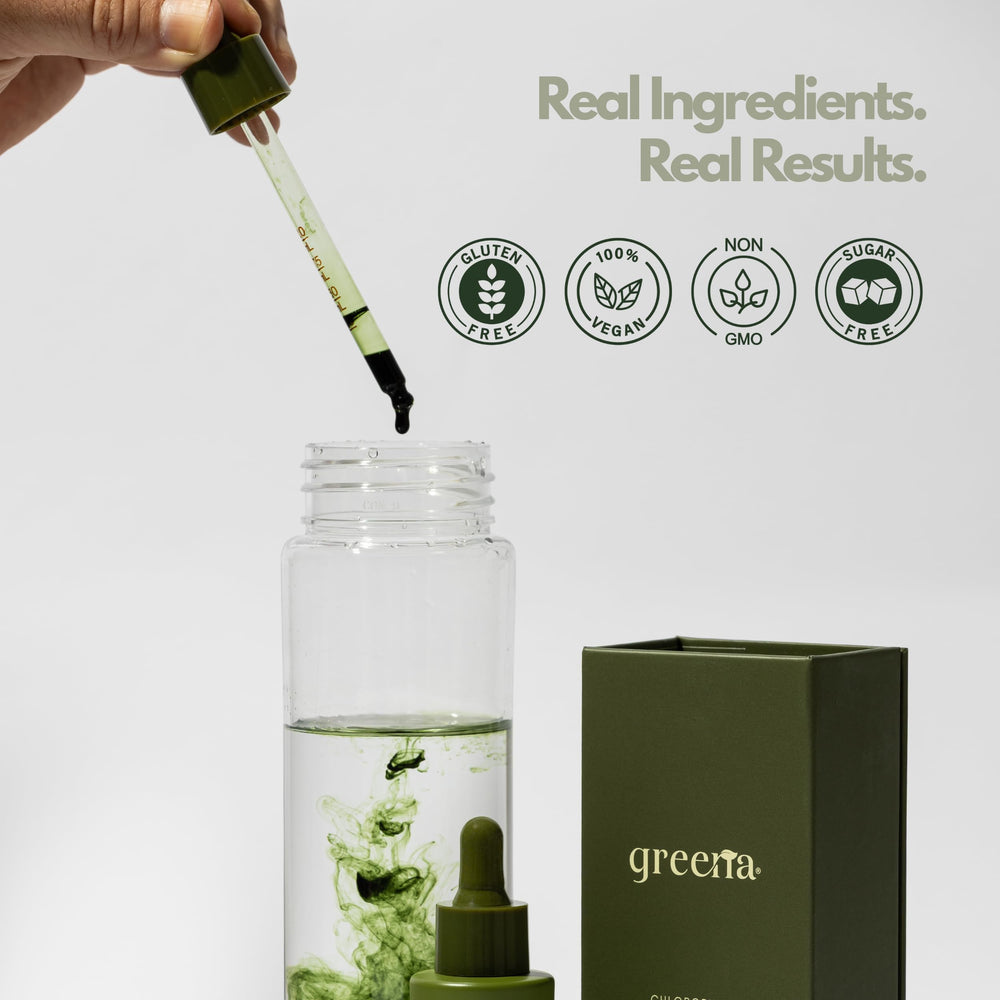 Close-up of GLOTOX Chlorophyll Liquid Drops bottle with Lemon Mint label