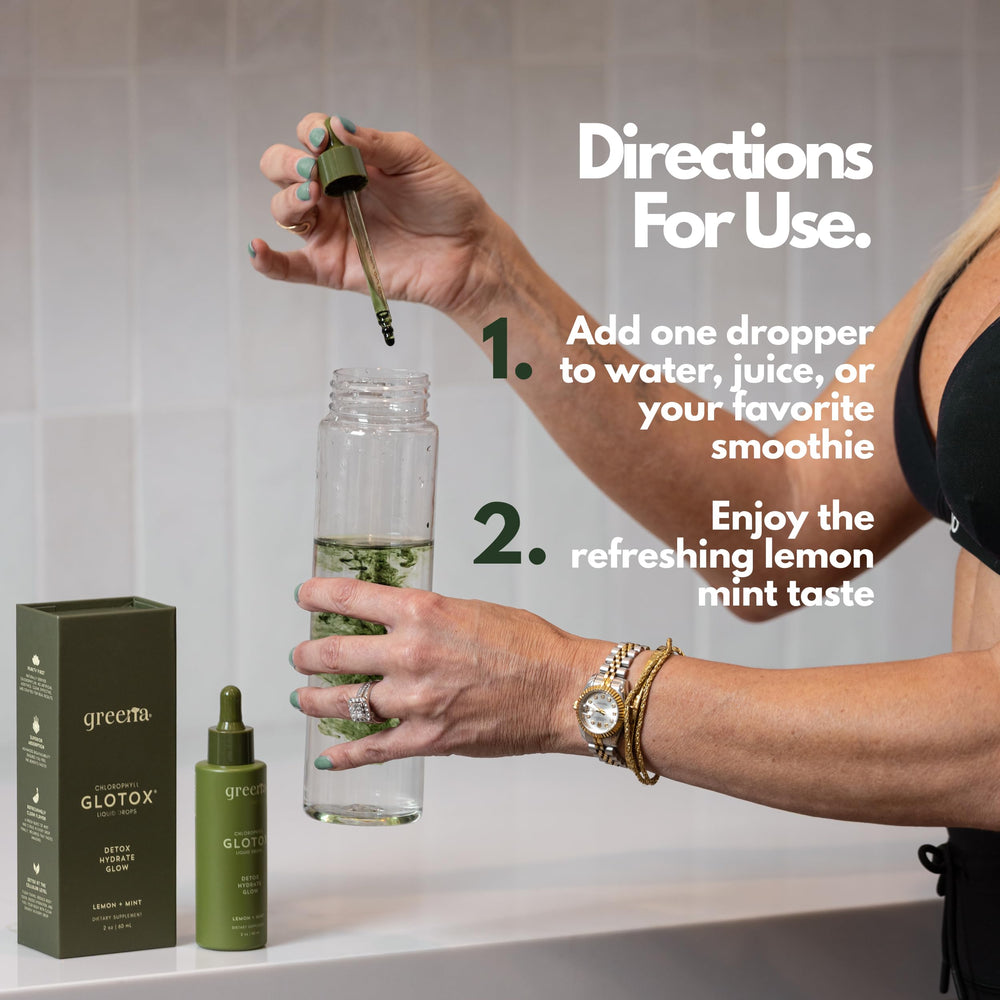 Product packaging and branding close-up for GLOTOX Chlorophyll Drops