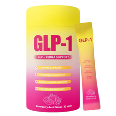 Front view of GLP-1 Drink Mix bottle with Strawberry Acai flavor