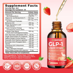 Close-up of GLP-1 liquid drops bottle label showing strawberry flavor