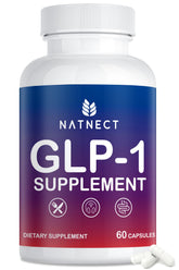 GLP-1 supplement bottle with capsules on white background
