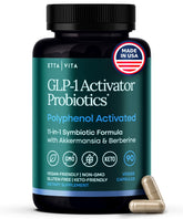 Bottle of GLP-1 weight loss supplement highlighting Akkermansia and Inulin ingredients