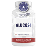 Gluco24 bottle highlighting cinnamon and taurine for energy support