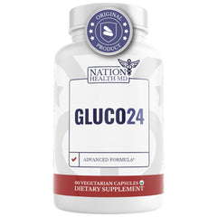 Gluco24 bottle highlighting cinnamon and taurine for energy support