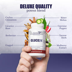 Gluco24 packaging featuring vitamins C and D3 for immune support