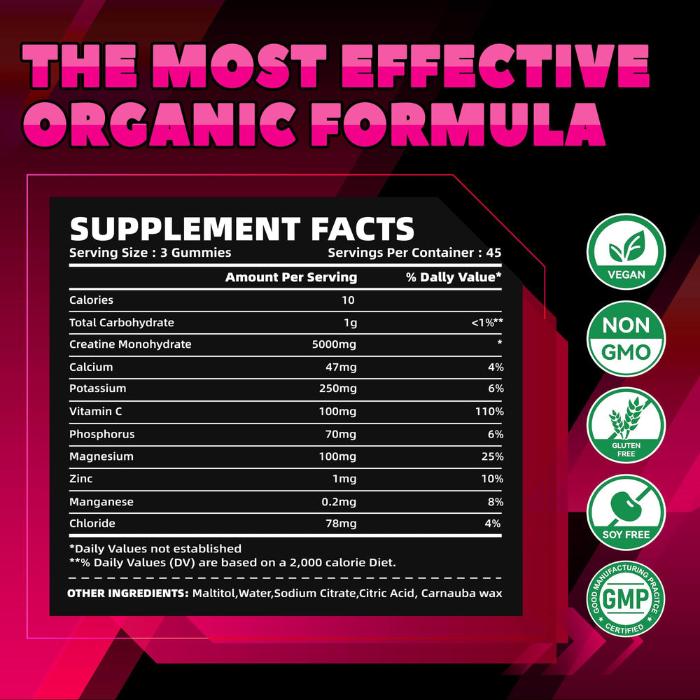 135-count vegan, gluten-free Creatine Monohydrate gummies bottle label