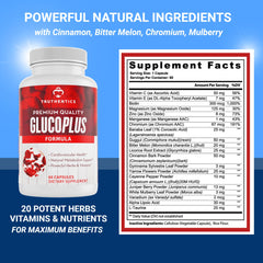 GlucoPlus bottle ingredients: 20 herbs, vitamins and minerals
