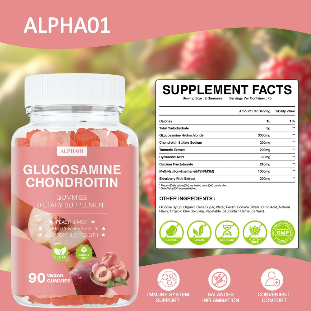 Close-up of peach-flavored gummies shaped for joint support