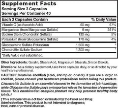 Supplement bottle label for Glucosamine Chondroitin Maximum Strength 120 capsules