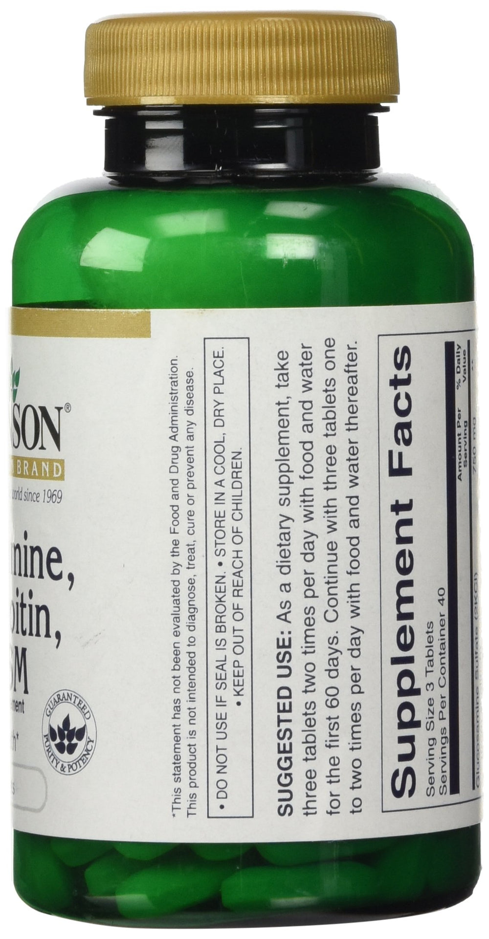 Back label of Glucosamine, Chondroitin & MSM 120 Tabs bottle