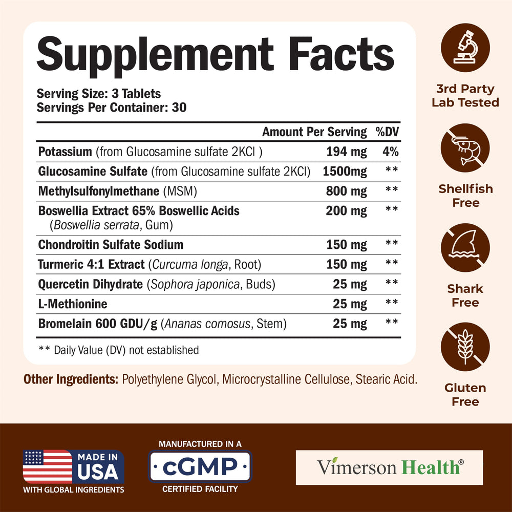 Ingredients panel showing glucosamine sulfate 1500 mg and other components