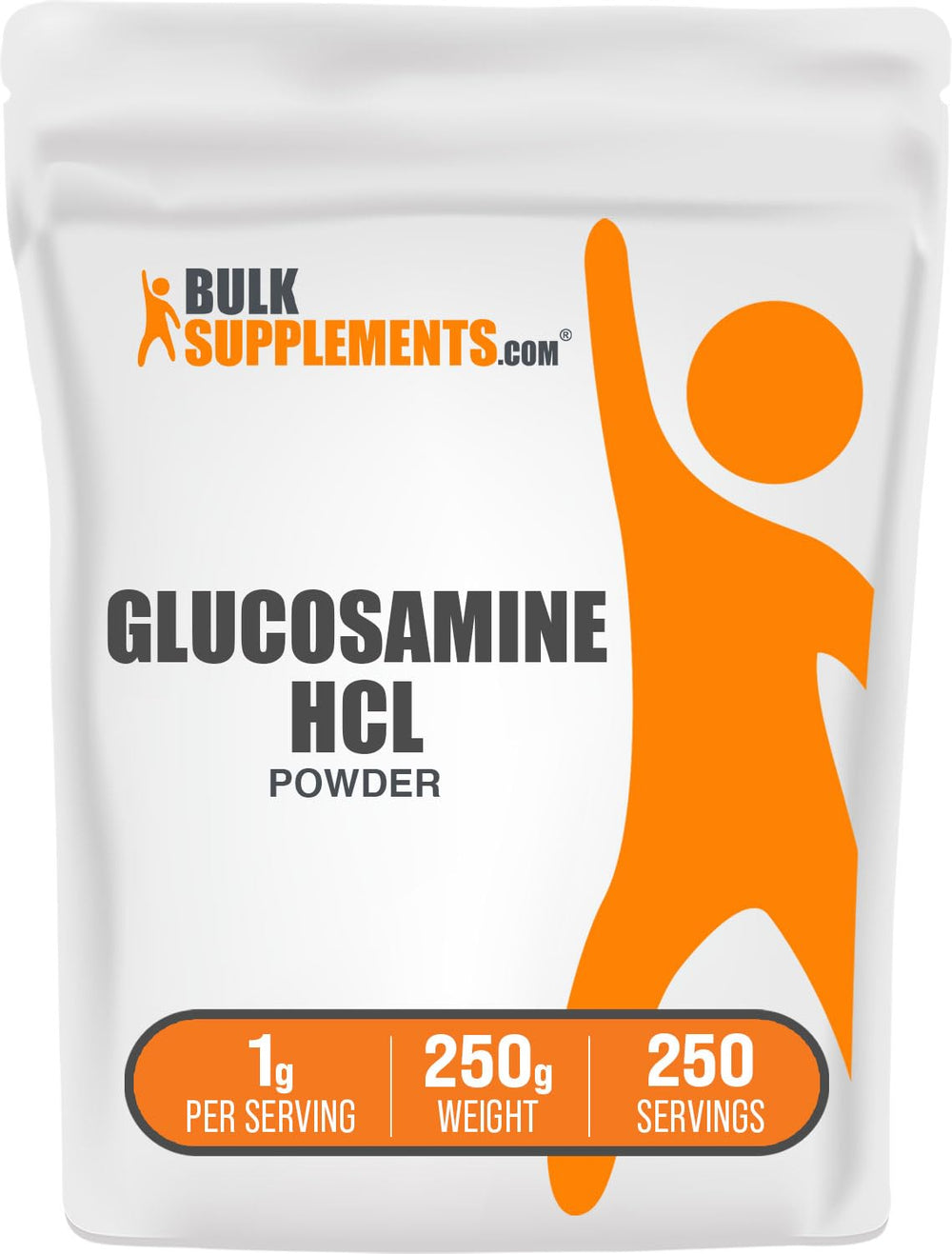 Jar of Glucosamine HCl powder showing 1g serving label