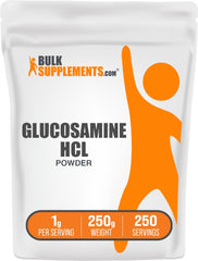 Jar of Glucosamine HCl powder showing 1g serving label