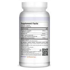 Supplement facts panel showing Glucosamine HCl, MSM, Hyaluronic Acid and Bromelain