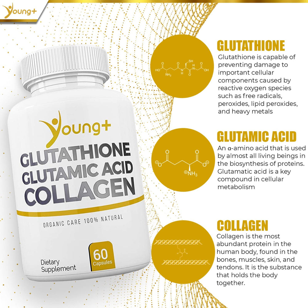 Graphic illustrating glutathione, collagen, and glutamic acid