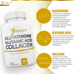Graphic illustrating glutathione, collagen, and glutamic acid