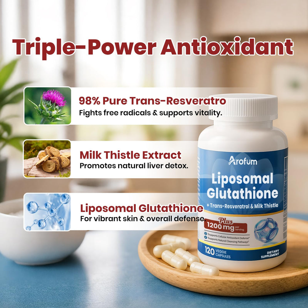 Ingredients showing glutathione, resveratrol, and milk thistle