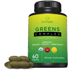 Label indicating gluten-free dairy-free soy-free organic greens tablets