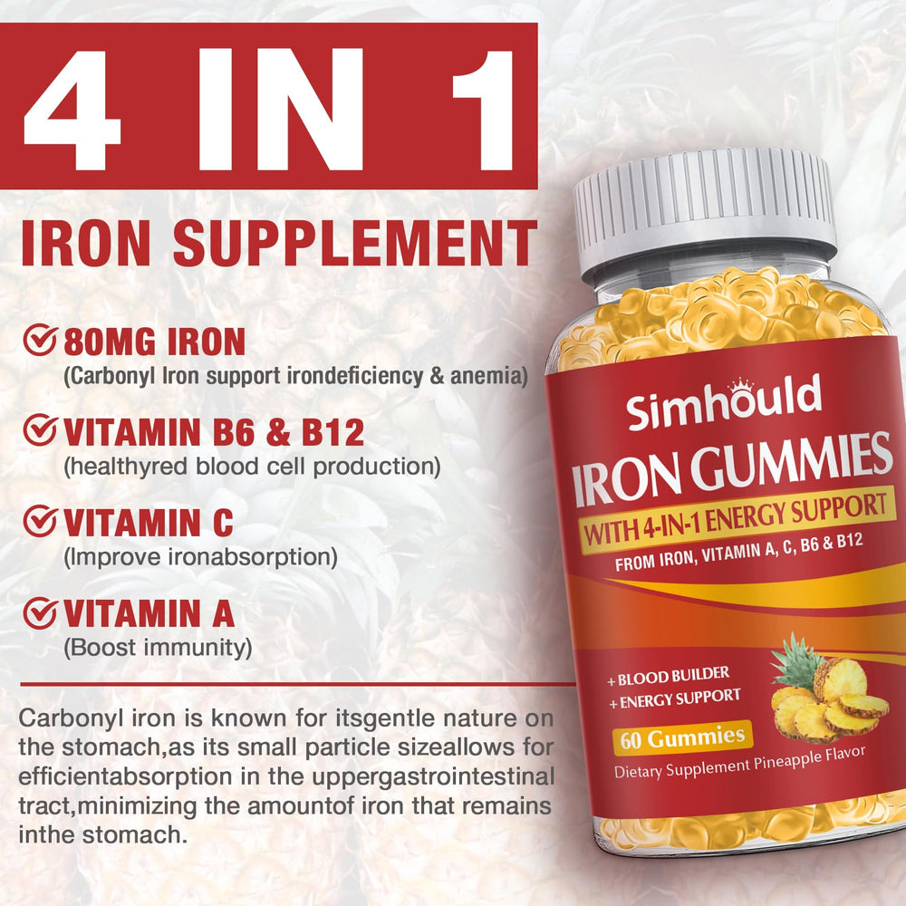 Label highlights gluten-free and gelatin-free, vegan, pectin-based iron gummies.
