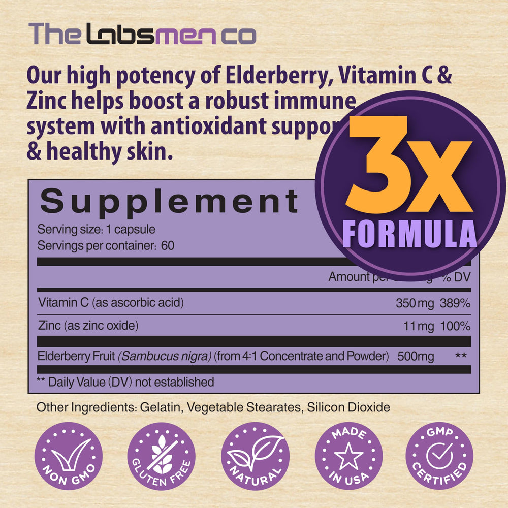 Gluten-free, non-GMO, allergen-free label on elderberry supplement
