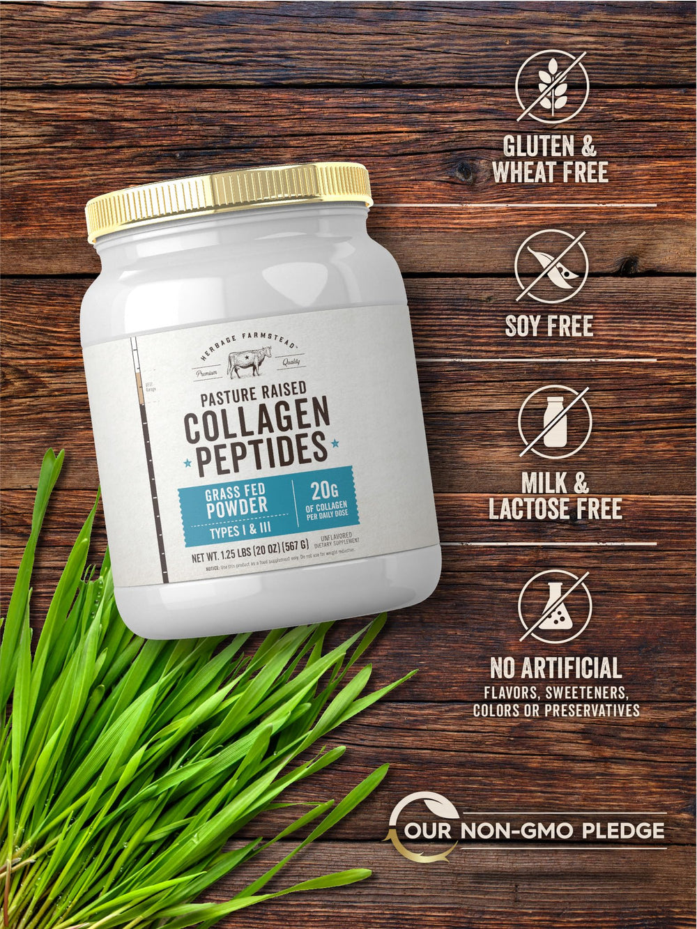 Gluten-free, non-GMO, dairy-free, and soy-free collagen icons