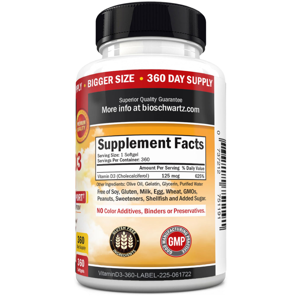 Gluten-free and Non-GMO label on Vitamin D3 bottle