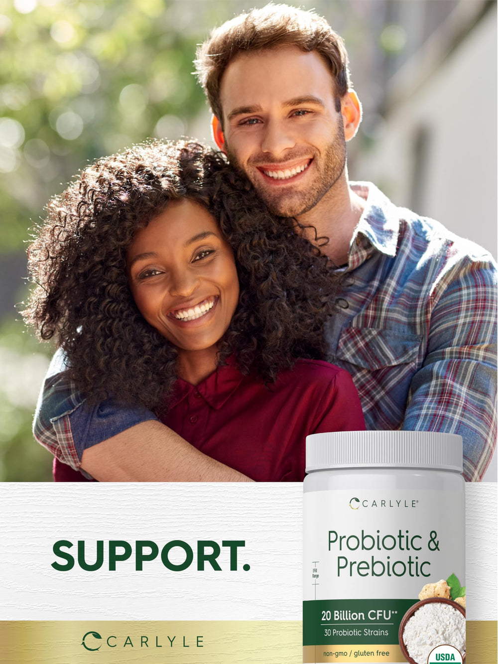 Gluten-free and Non-GMO label on Carlyle probiotic powder