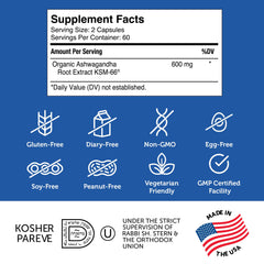 Label indicating gluten free soy free and dairy free Ashwagandha capsules