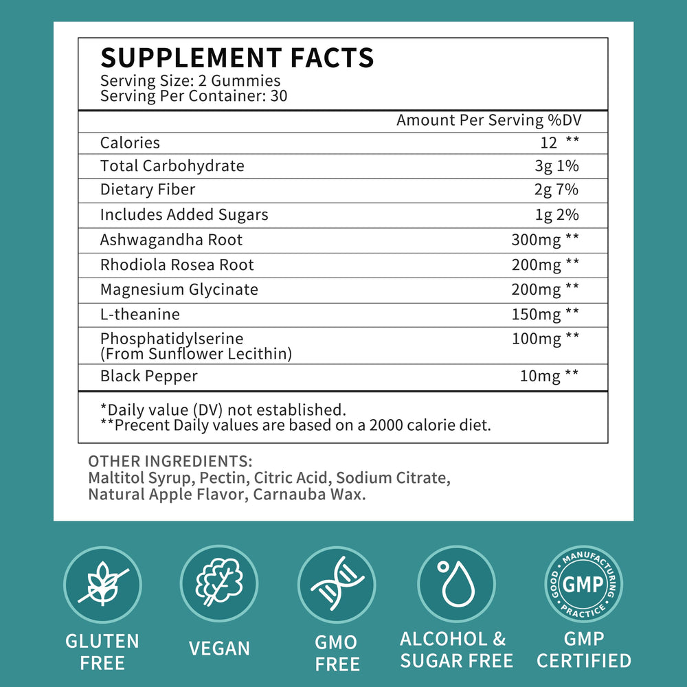 Gluten-free vegan 0 sugar cortisol gummies packaging