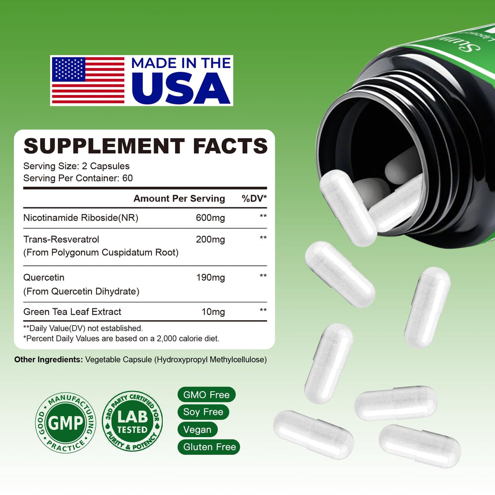 Packaging image highlighting gluten-free, vegetarian, non-GMO NAD supplement