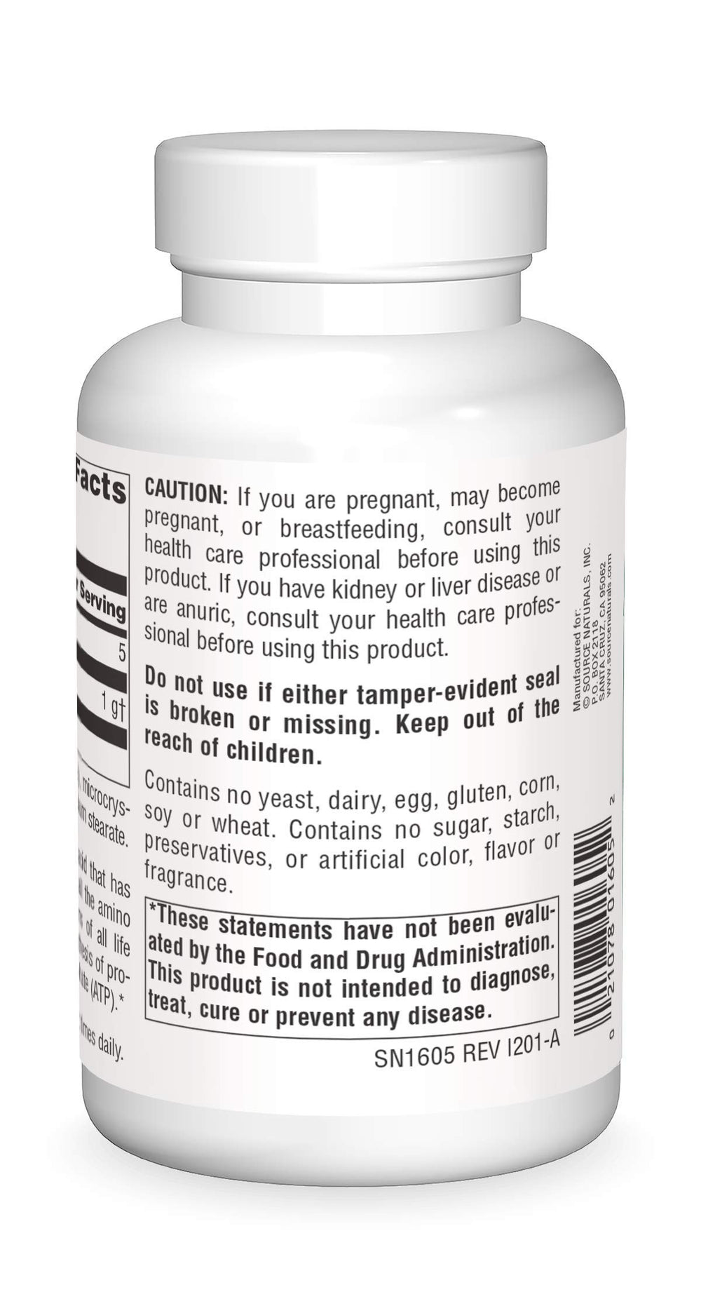 Back view of Glycine 500 mg bottle showing supplement facts