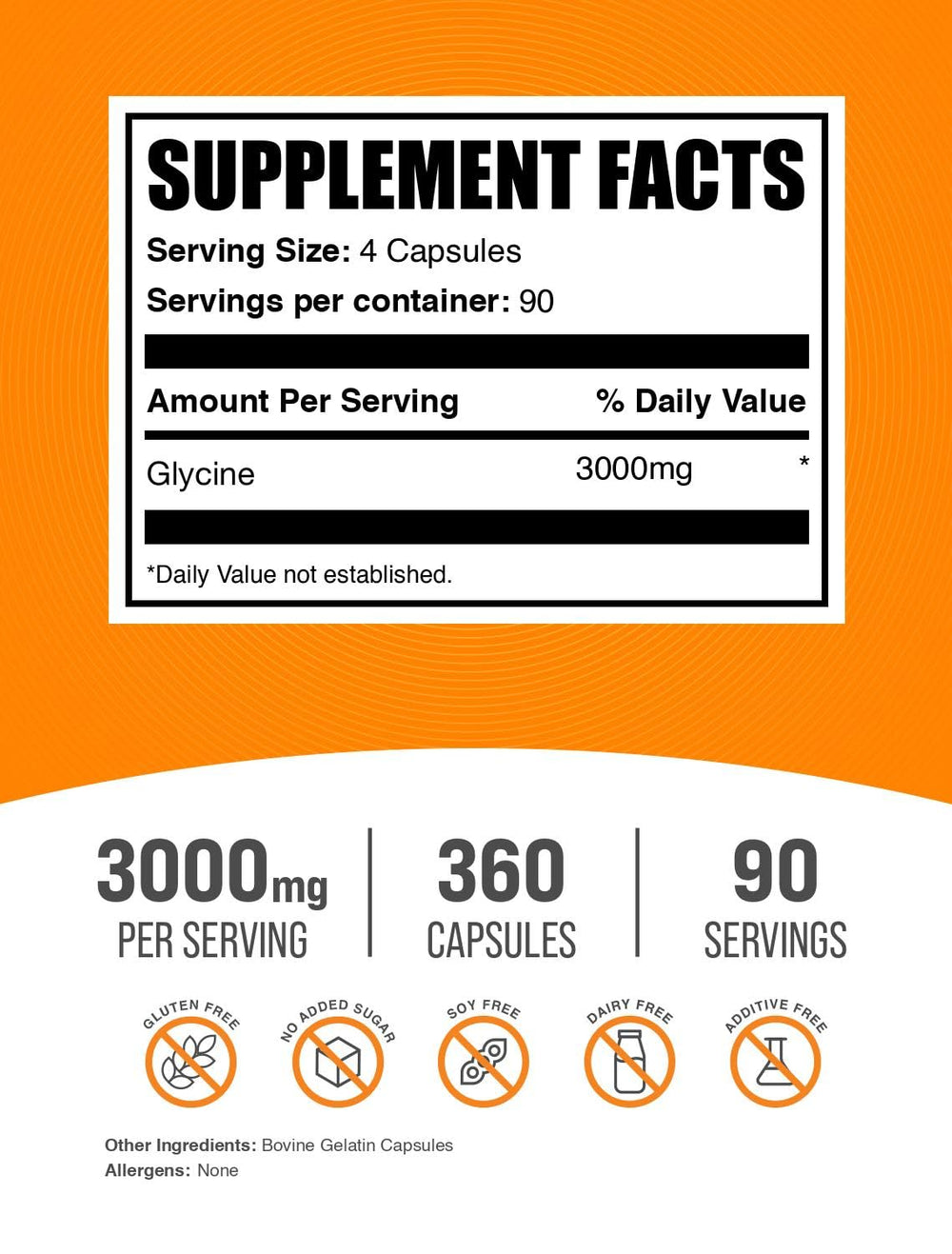 Glycine capsules serving: 4 capsules totaling 3000mg
