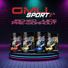 GMU SPORT Jacked Juice label closeup emphasizes clean caffeine blend and ingredients.