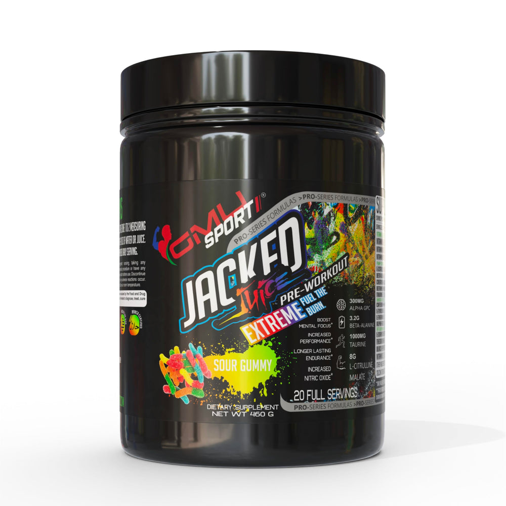 GMU SPORT Jacked Juice tub front with scoop highlights explosive energy for workouts.