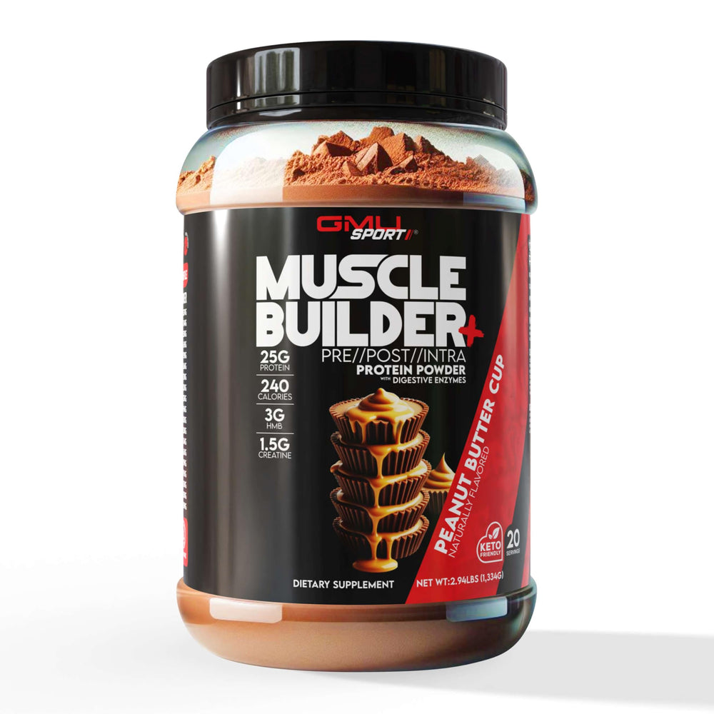 GMU SPORT Muscle Builder+ protein tub label