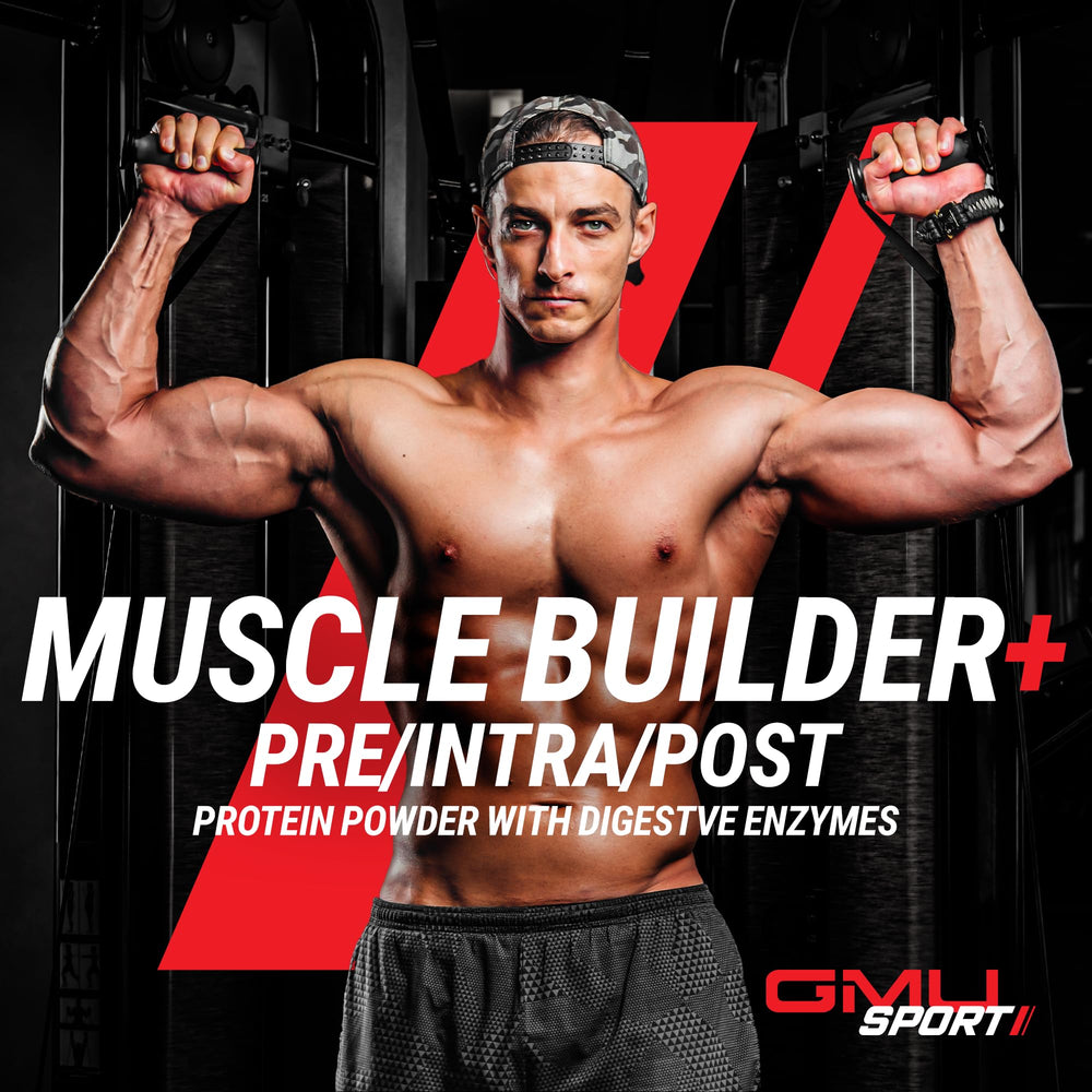Serving scoop of GMU SPORT Muscle Builder+ protein powder
