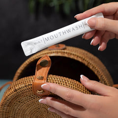 Close-up of individual travel mouthwash packet