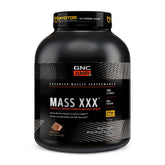 GNC AMP Mass XXX bottle front promotes high-calorie mass gain for athletes.