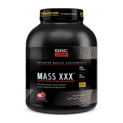 GNC AMP Mass XXX strawberry bottle showing 780 calories per serving for energy