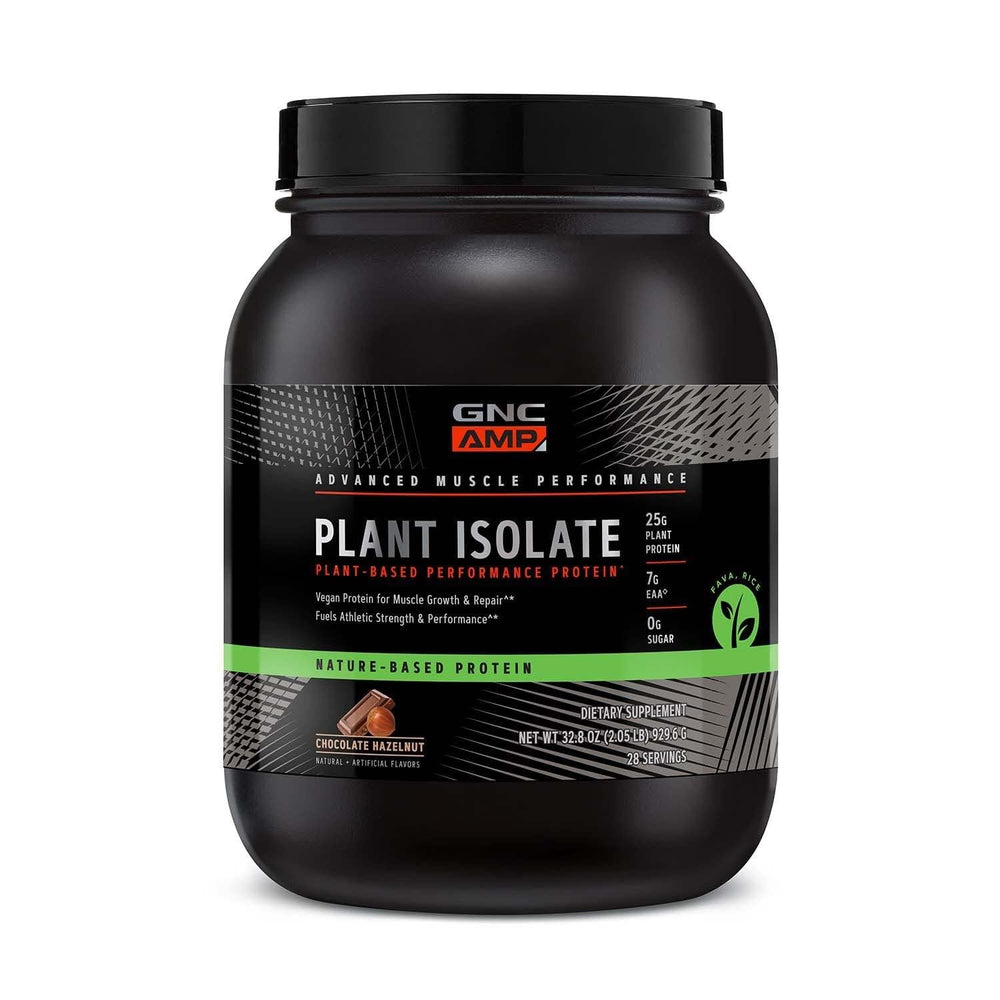 GNC AMP Plant Isolate Protein Chocolate Hazelnut bottle highlights clean plant protein for athletic performance.