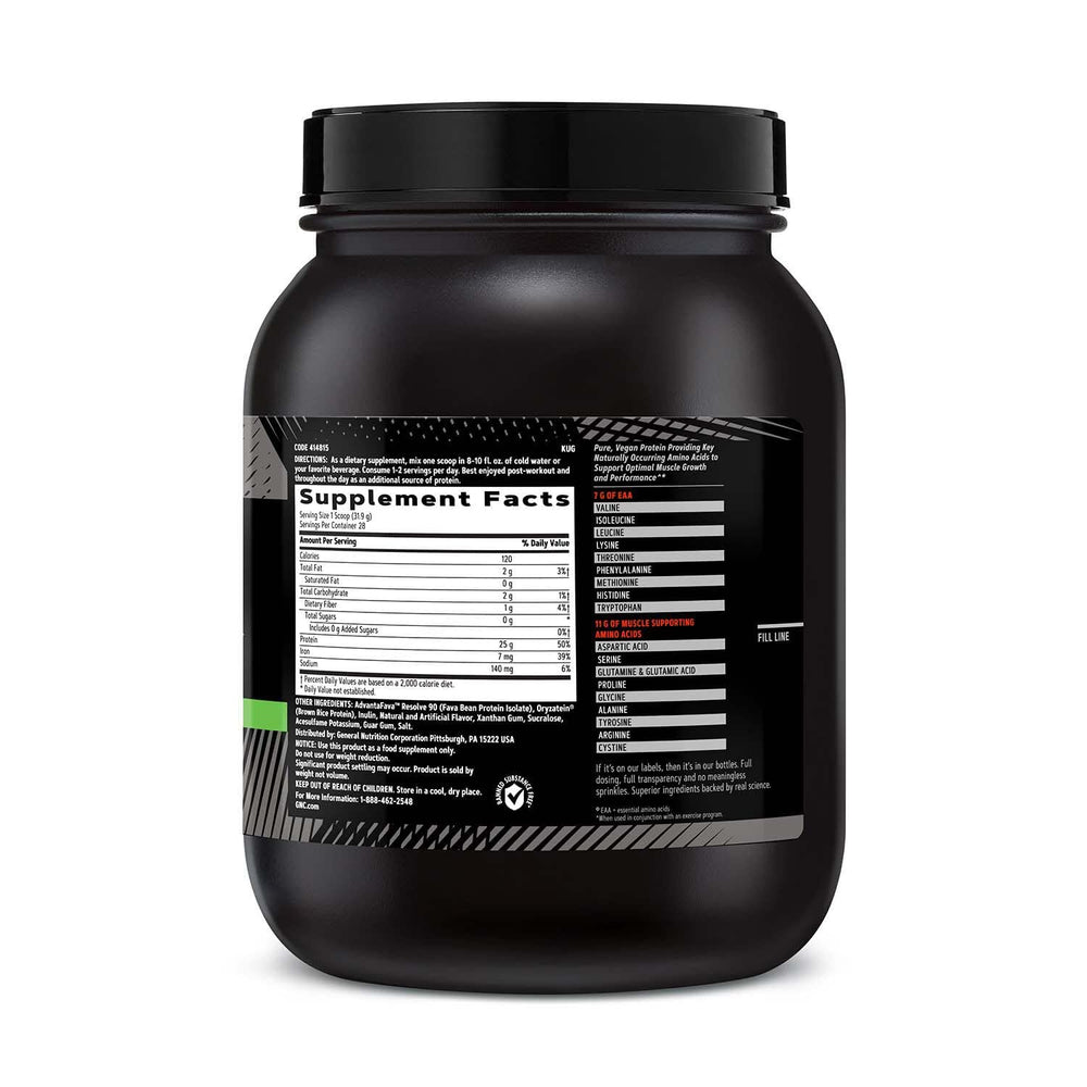 GNC AMP Plant Isolate Protein Vanilla Cookie powder emphasizes 25g protein per serving for recovery