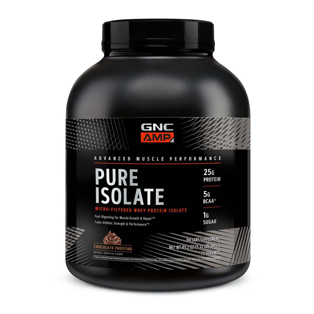 GNC AMP Pure Isolate chocolate frosting tub front view highlighting protein quality
