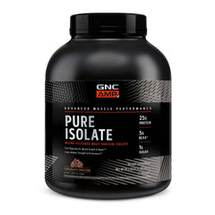 GNC AMP Pure Isolate chocolate frosting tub front view highlighting protein quality