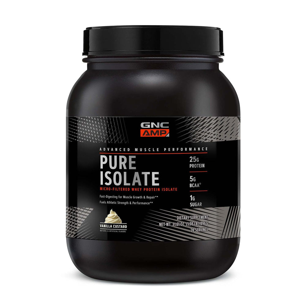 GNC AMP Pure Isolate Vanilla Custard label close-up signaling purity for clean fueling.