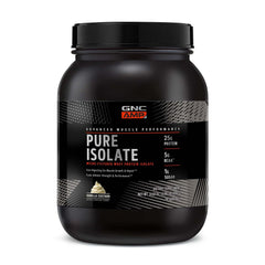 GNC AMP Pure Isolate Vanilla Custard label close-up signaling purity for clean fueling.
