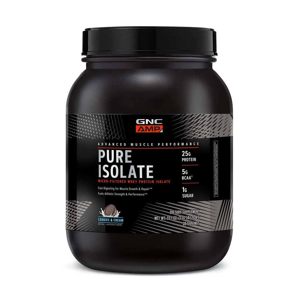 GNC AMP Pure Isolate Whey Protein Cookies & Cream tub front