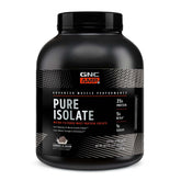 GNC AMP Pure Isolate Cookies & Cream bottle close-up highlights flavor and protein purity.