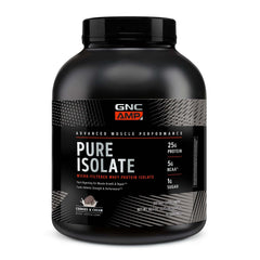GNC AMP Pure Isolate Cookies & Cream bottle close-up highlights flavor and protein purity.