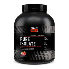 GNC AMP Pure Isolate Whey Protein Strawberry bottle for post-workout protein boost