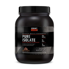 GNC AMP Pure Isolate protein tub chocolate frosting fuels muscle growth and recovery.